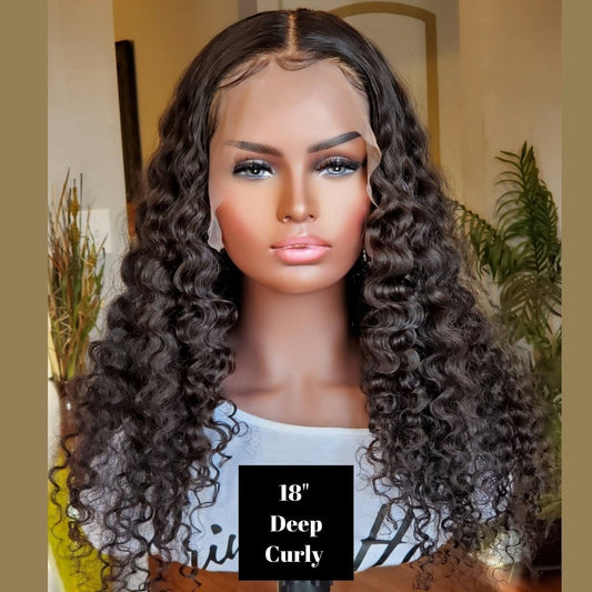 Malaysian deep curly 13x4 frontal human hair wig on original mannequin