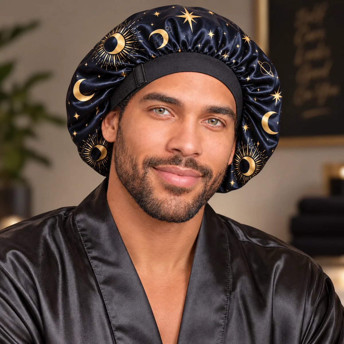 Close-up of a man wearing the Starry Night satin bonnet with gold moons, suns and stars and a black sliding adjuster.