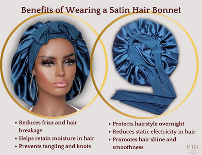 Illustration detailing the benefits of wearing a satin hair bonnet. Beautiful African-American mannequin wearing a midnight blue satin hair bonnet on a gray background.