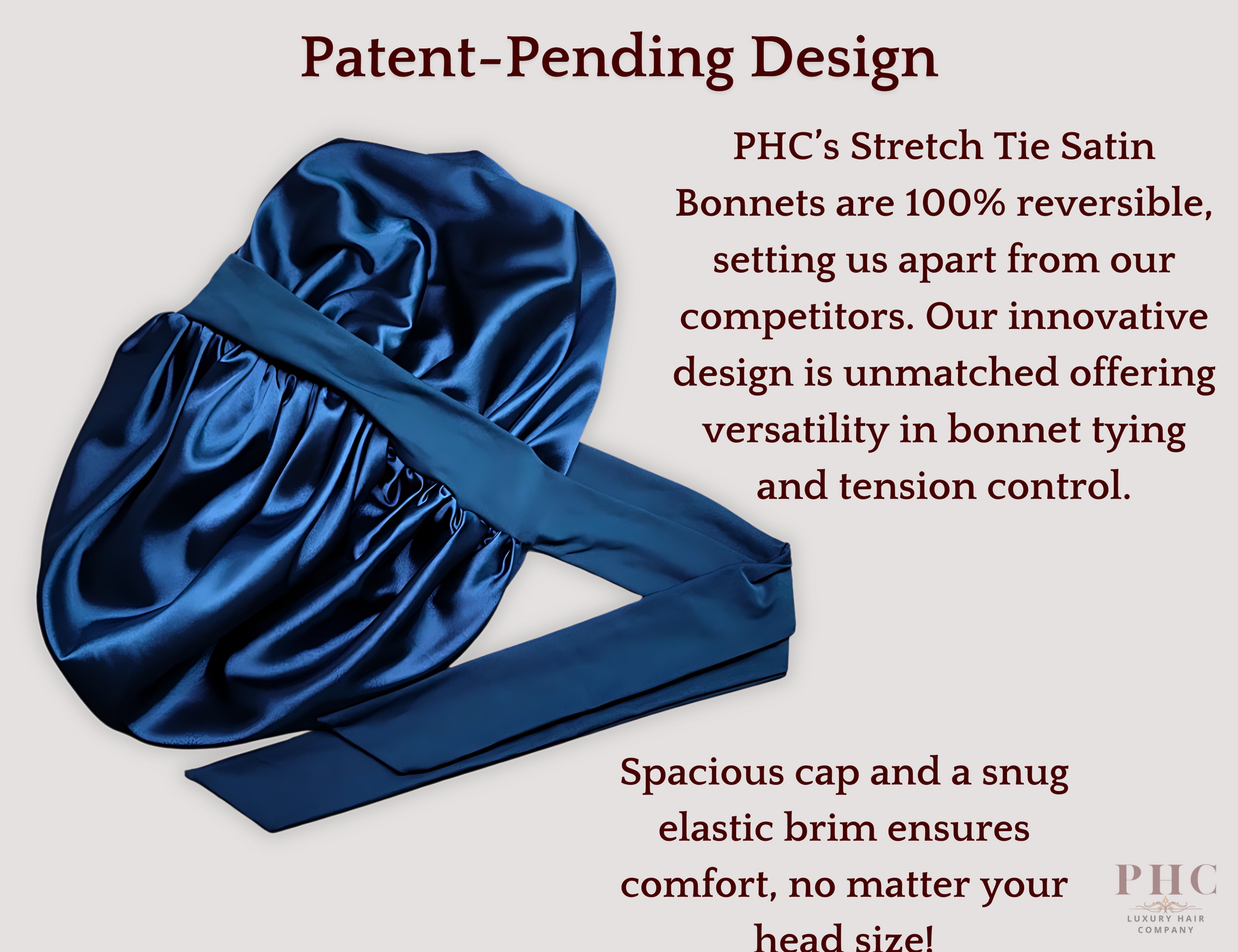illustration showcasing a beautiful midnight blue satin lined hair bonnet and design features.