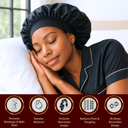 Woman wearing a black wide band Charmeuse silk satin Sleep cap with product benefits displayed below. Product benefits include, prevents breakage and split ends, retains moistures, protects hairstyles longer, reduces frizz and tangling, and no seam reversible design.