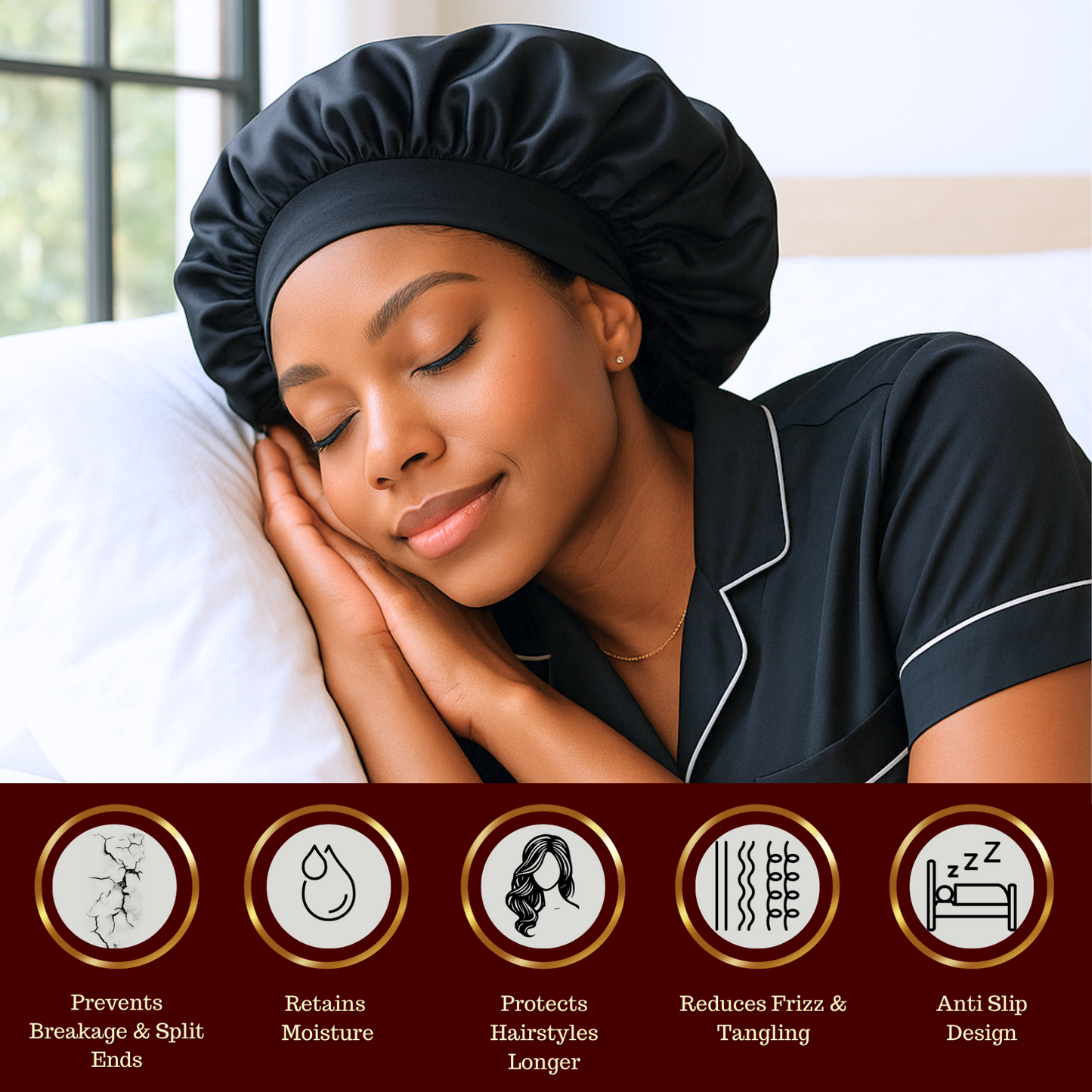 Woman wearing a black satin bonnet lying on a bed, with product features listed below.