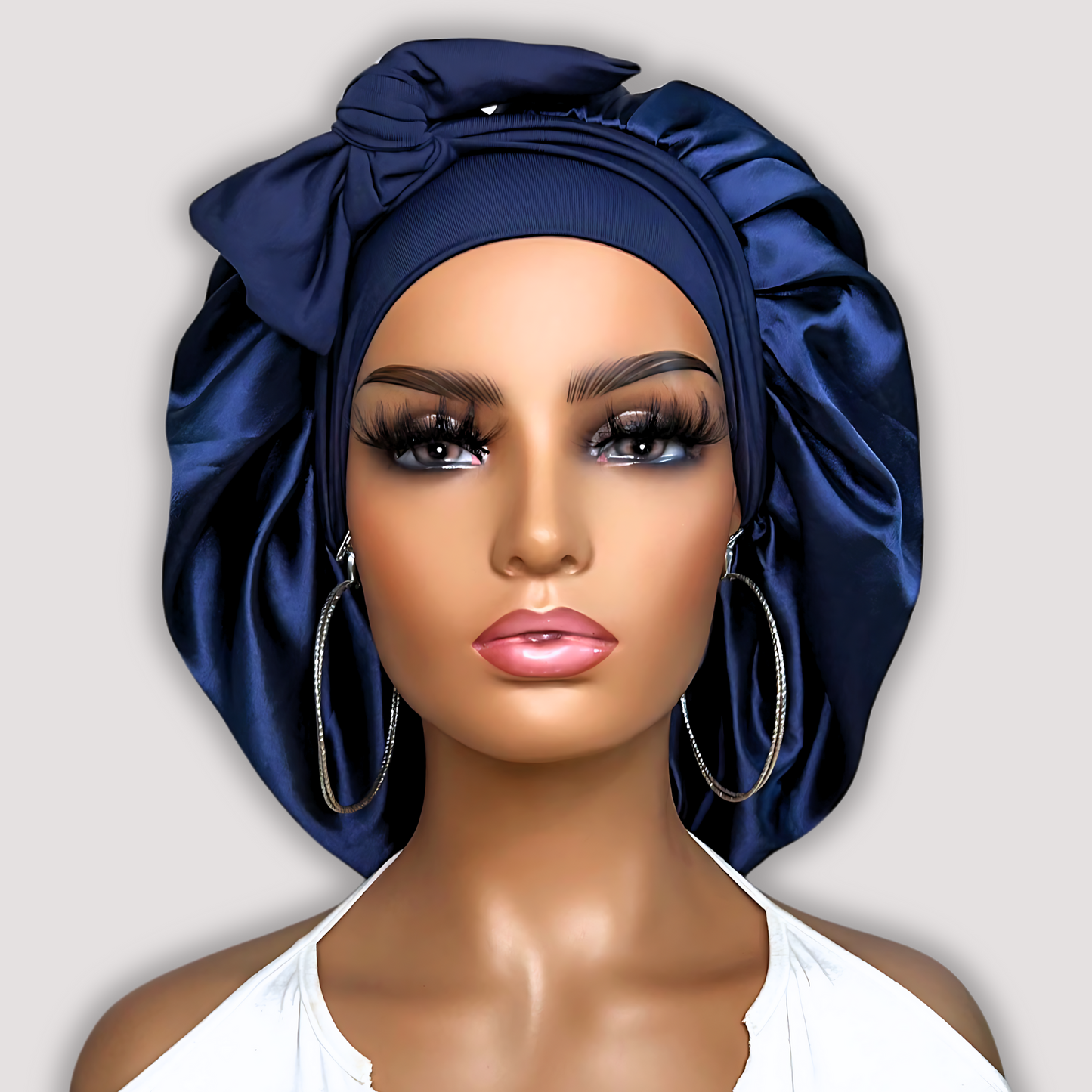 Satin Lined Stretch Tie Hair Bonnet - Navy Blue | Premium Hair Protection