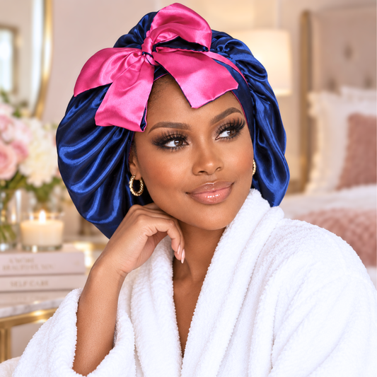 A woman wearing a shiny royal blue satin hair wrap with a large hot pink bow, styled with a white terry cloth bathrobe in a softly lit bedroom setting.