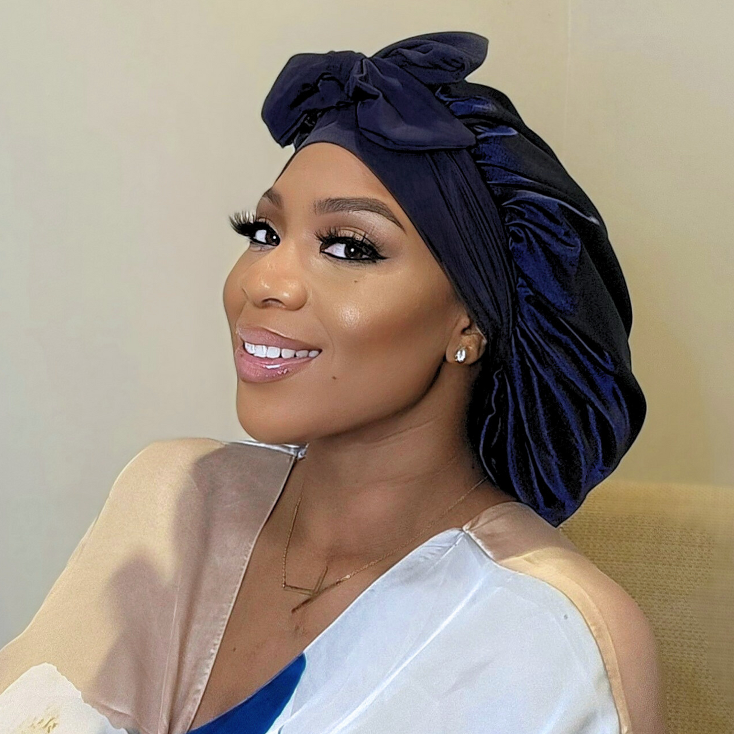 Satin Lined Stretch Tie Hair Bonnet - Navy Blue | Premium Hair Protection
