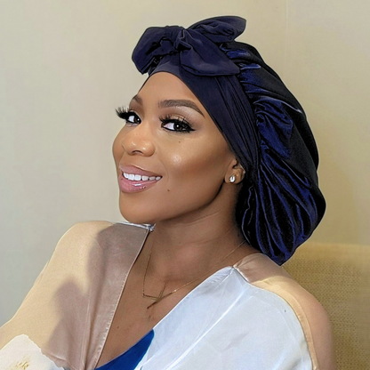 Satin Lined Stretch Tie Hair Bonnet - Navy Blue | Premium Hair Protection