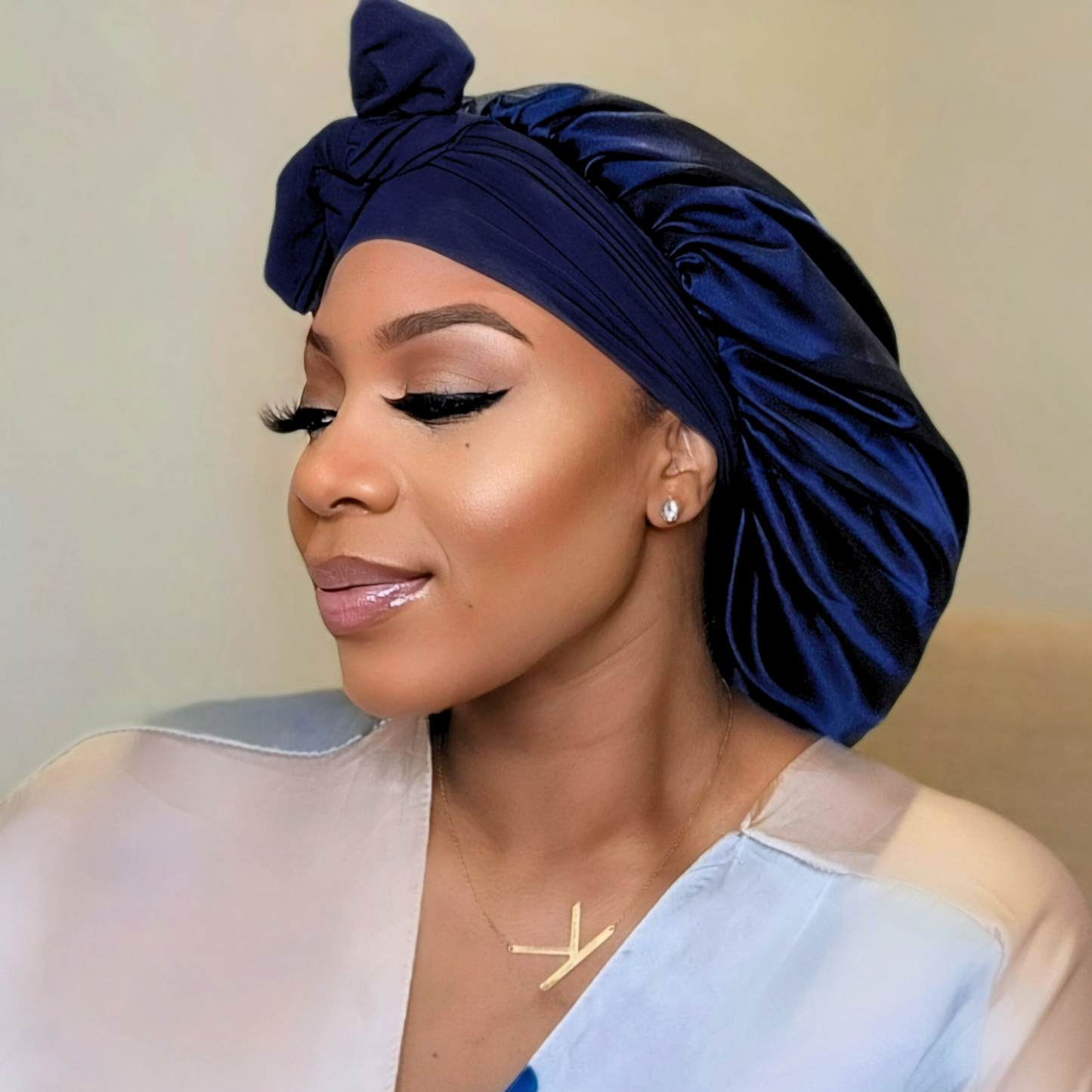 Satin Lined Stretch Tie Hair Bonnet - Navy Blue | Premium Hair Protection