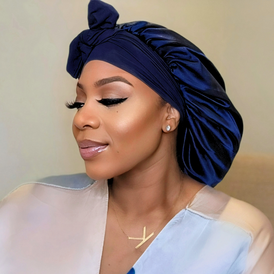 Satin Lined Stretch Tie Hair Bonnet - Navy Blue | Premium Hair Protection