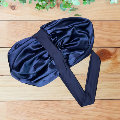 Satin Lined Stretch Tie Hair Bonnet - Navy Blue | Premium Hair Protection