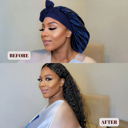 Satin Lined Stretch Tie Hair Bonnet - Navy Blue | Premium Hair Protection