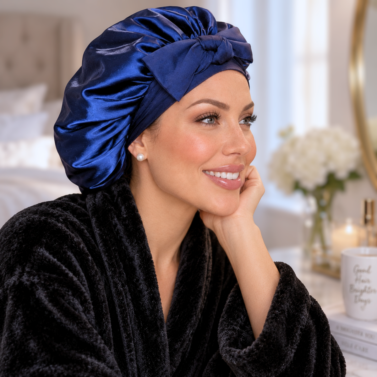 Side view of a small navy blue satin bonnet with matching bow worn beside a vanity