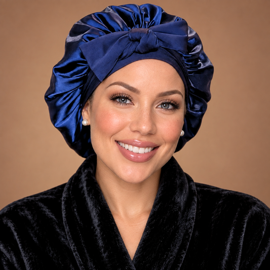 A smiling woman wearing a shiny royal blue satin bonnet and a black velvet robe, set against a solid warm brown studio background.