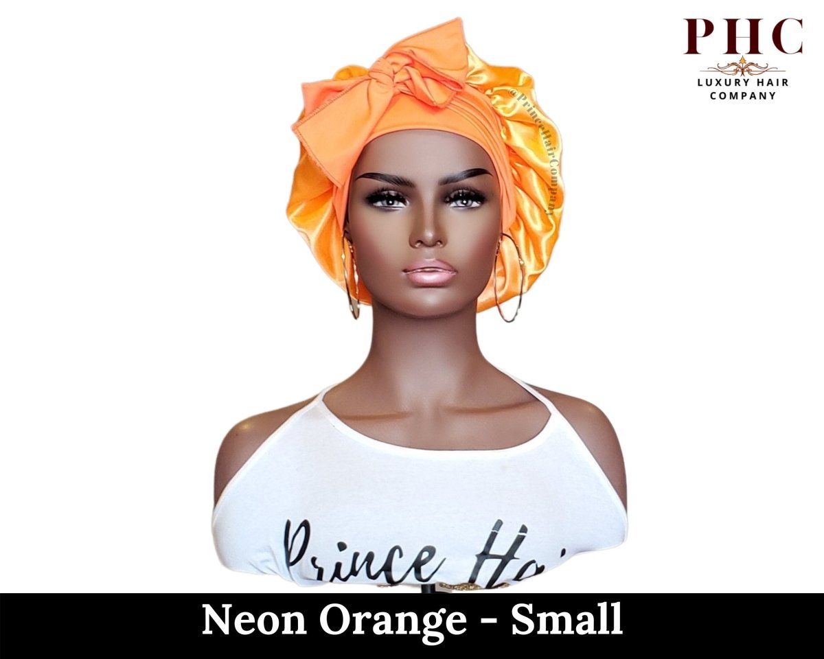 Neon Orange Satin Bonnet: Adjustable Stretch Ties, Edge Protection - PHC