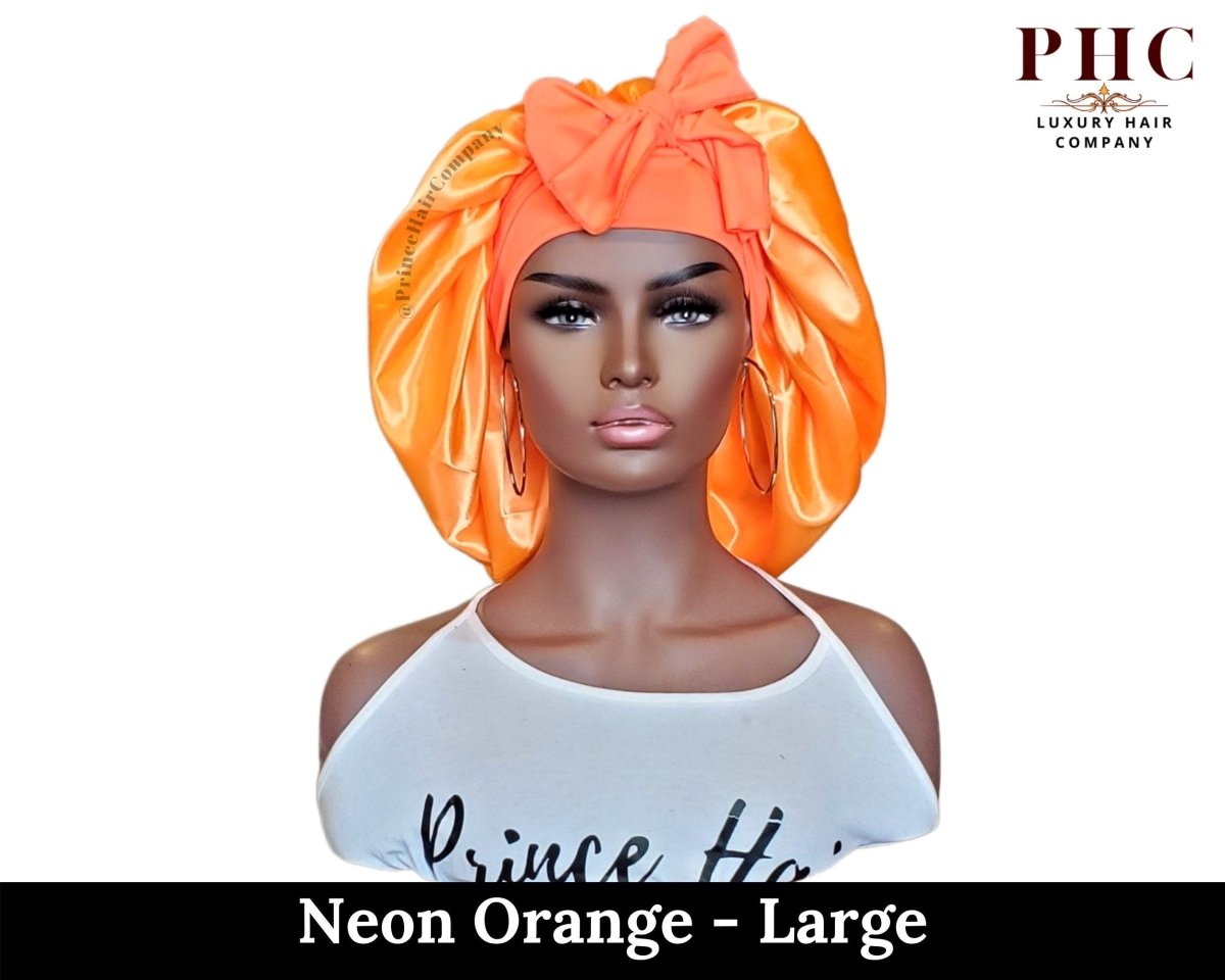 Neon Orange Satin Bonnet: Adjustable Stretch Ties, Edge Protection - PHC
