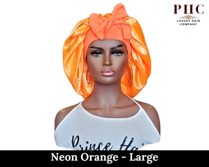 Neon Orange Satin Bonnet: Adjustable Stretch Ties, Edge Protection - PHC