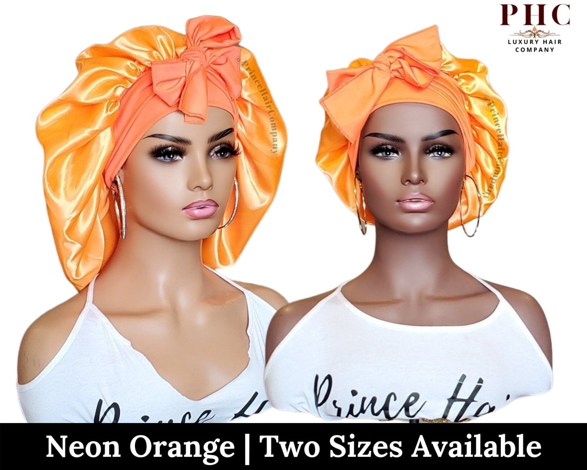 Neon Orange Satin Bonnet: Adjustable Stretch Ties, Edge Protection - PHC