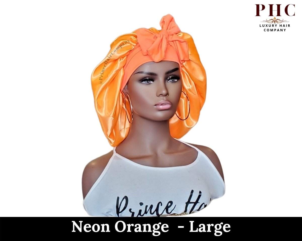 Neon Orange Satin Bonnet: Adjustable Stretch Ties, Edge Protection - PHC