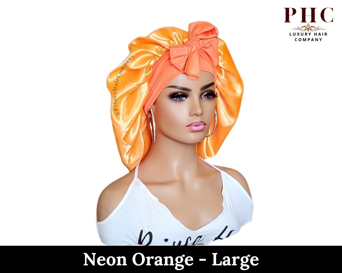 Neon Orange Satin Bonnet: Adjustable Stretch Ties, Edge Protection - PHC