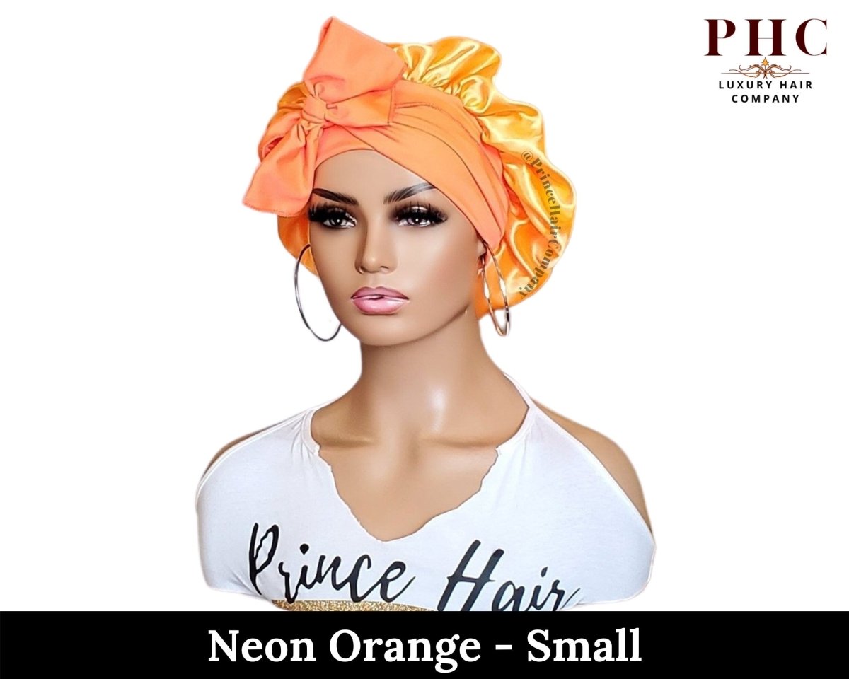 Neon Orange Satin Bonnet: Adjustable Stretch Ties, Edge Protection - PHC