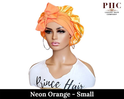 Neon Orange Satin Bonnet: Adjustable Stretch Ties, Edge Protection - PHC