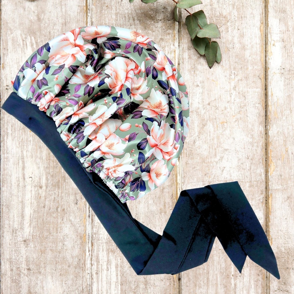 Olive Magnolia Stretch Tie Satin Bonnet | Reversible Satin Lined Sleep Cap for All Hair Types - PHC