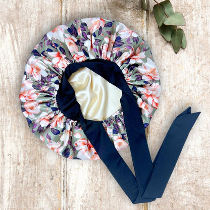 Olive Magnolia Stretch Tie Satin Bonnet | Reversible Satin Lined Sleep Cap for All Hair Types - PHC