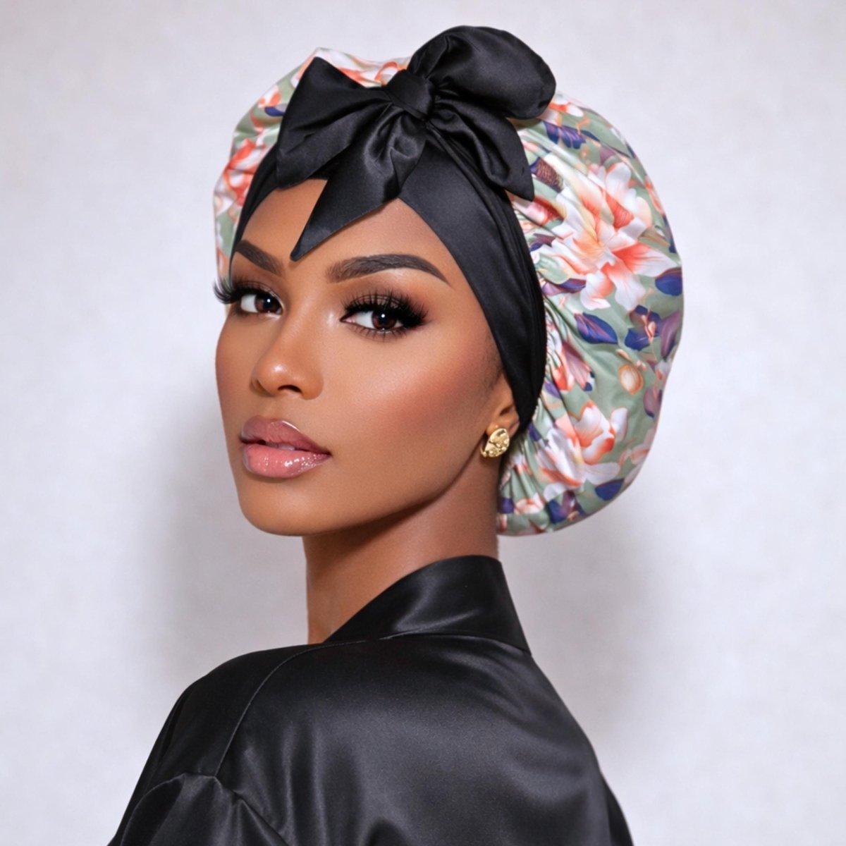 Olive Magnolia Stretch Tie Satin Bonnet | Reversible Satin Lined Sleep Cap for All Hair Types - PHC