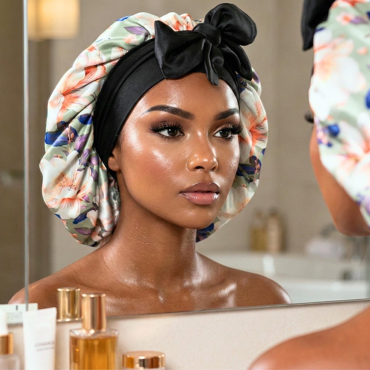 Olive Magnolia Stretch Tie Satin Bonnet | Reversible Satin Lined Sleep Cap for All Hair Types - PHC