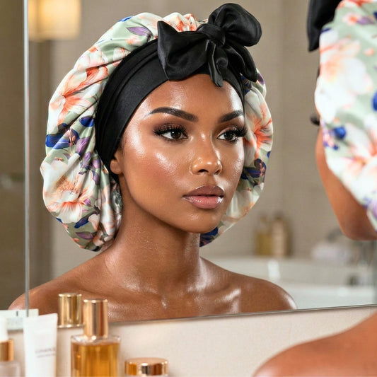 Olive Magnolia Original Stretch Tie satin bonnet by Prince Hair Company — adjustable, stays on all night for curls, braids & locs