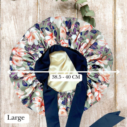 Olive Magnolia Stretch Tie Satin Bonnet | Reversible Satin Lined Sleep Cap for All Hair Types - PHC