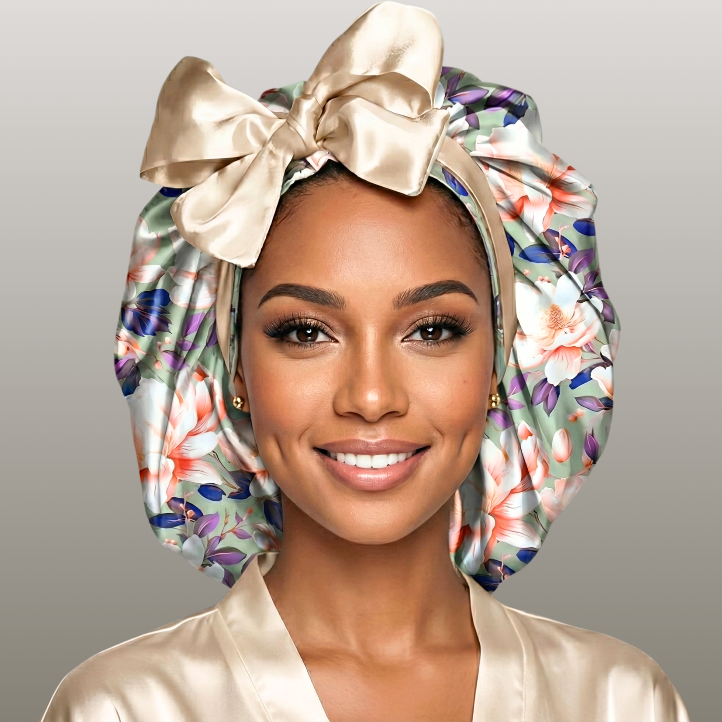 Woman wearing a reversible olive magnolia floral print satin hair bonnet with a large champagne colored bow on a gray background. Great for all hair types
