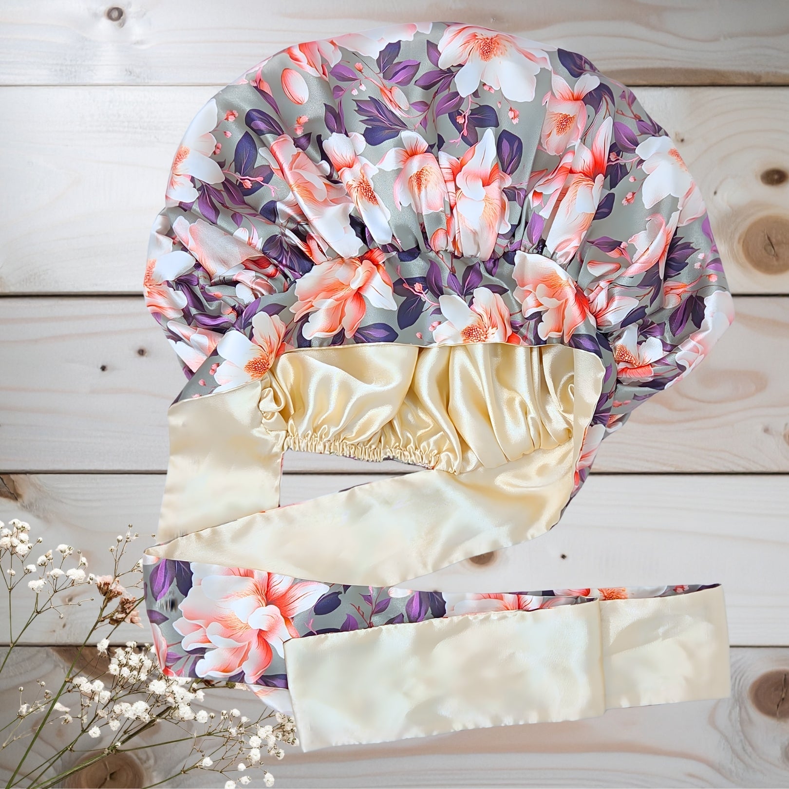 A luxurious satin sleep bonnet showing its exclusive green, pink, and white Olive Magnolia floral print on the outside. The inner lining and long, stretch-free edge-protecting ties are a solid champagne yellow color. Displayed flat on a wooden surface with white flowers.