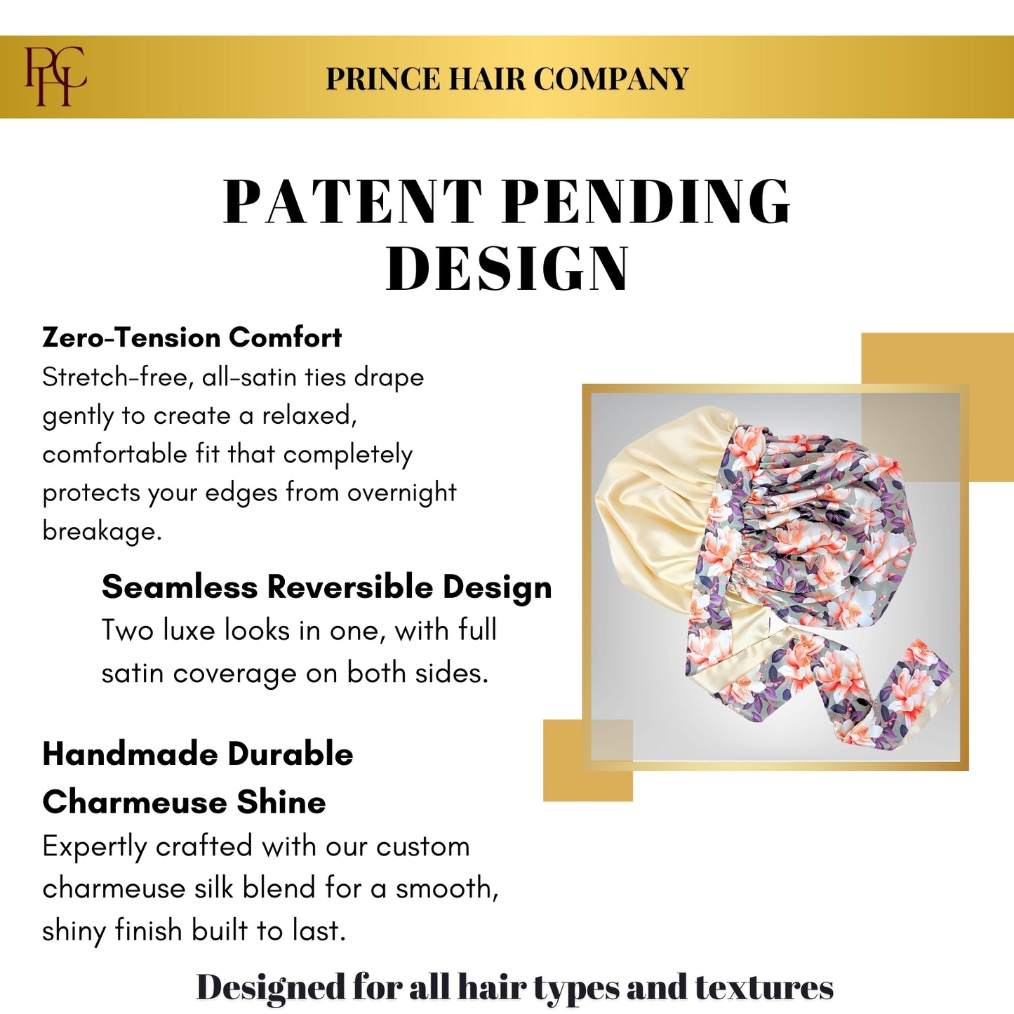 Promotional graphic for Prince Hair Company titled 'Patent Pending Design' featuring the Olive Magnolia reversible satin bonnet. Text highlights key features: 'Zero-Tension Comfort' with stretch-free, all-satin ties for edge protection; 'Seamless Reversible Design' offering two luxe looks in one; and 'Handmade Durable Charmeuse Shine' crafted with a custom charmeuse silk blend. The bottom text reads 'Designed for all hair types and textures'