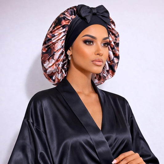 Brown Magnolia Stretch Tie Satin Sleep Cap for Curly, Braids & Natural Hair - PHC