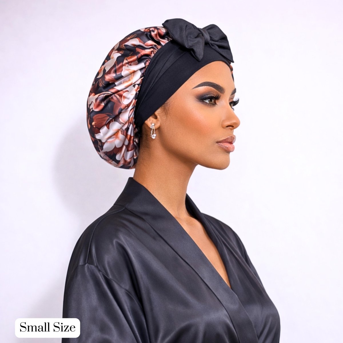 Brown Magnolia Stretch Tie Satin Sleep Cap for Curly, Braids & Natural Hair - PHC