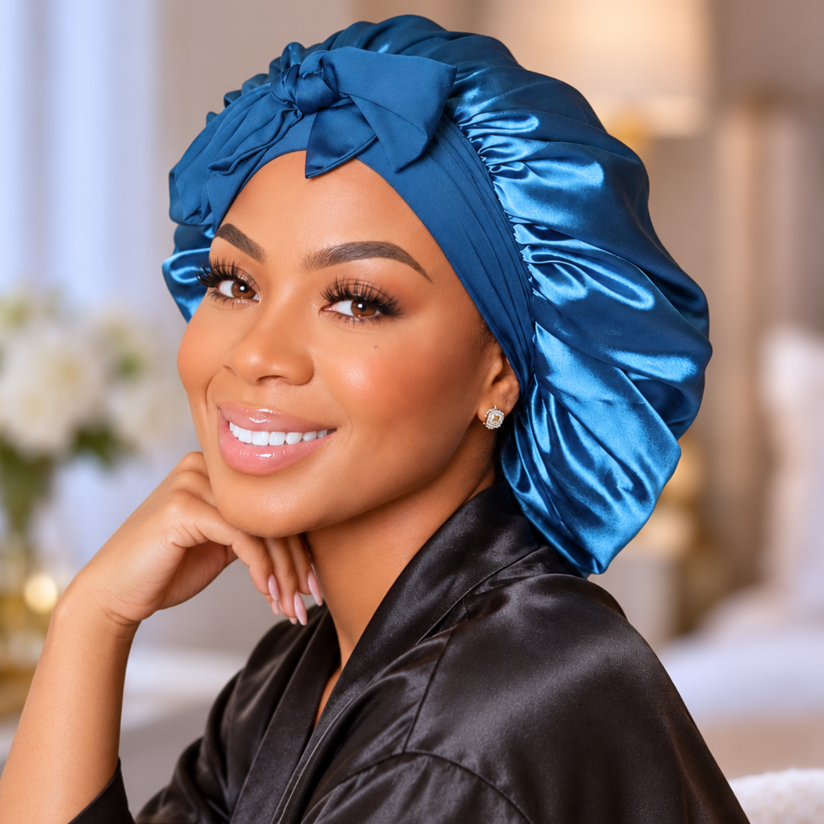 A woman wearing a shiny peacock blue satin sleep cap or bonnet with a large bow, paired with a black satin robe, posing in a softly lit, elegant indoor setting.