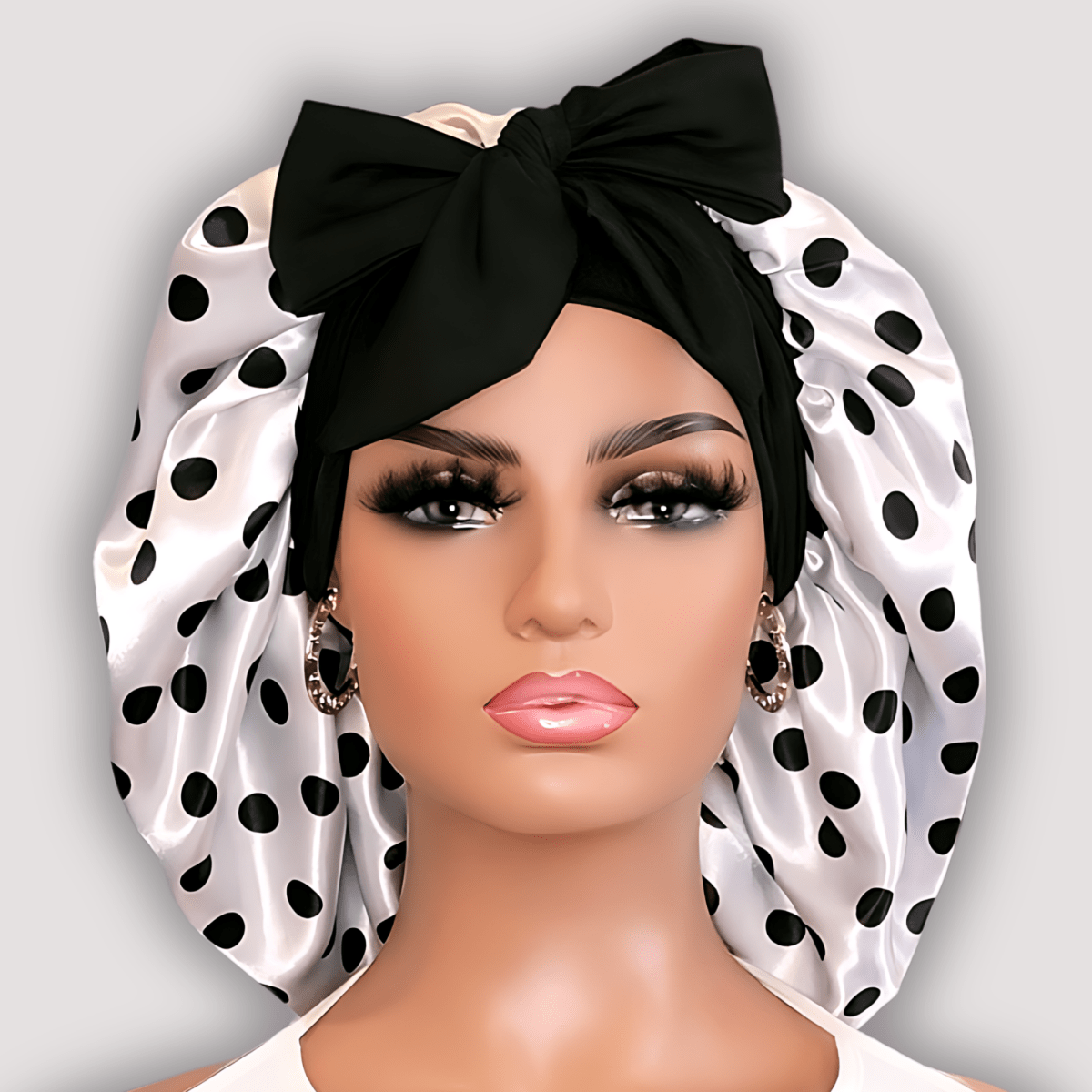 Pearl & Black Polka Dot Satin - Lined Stretch Tie Bonnet - PHC