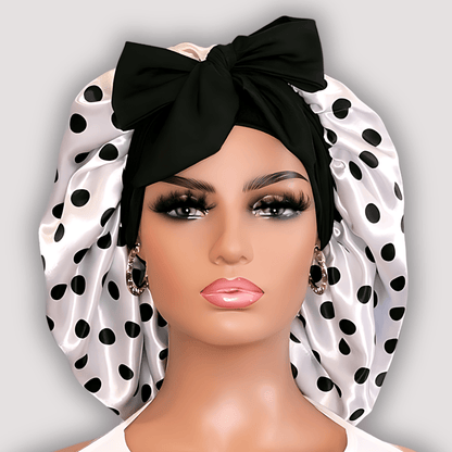 Pearl & Black Polka Dot Satin - Lined Stretch Tie Bonnet - PHC