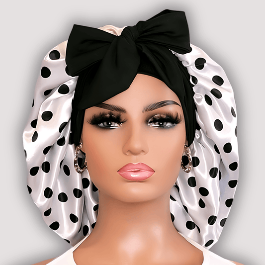 Pearl & Black Polka Dot Satin - Lined Stretch Tie Bonnet - PHC