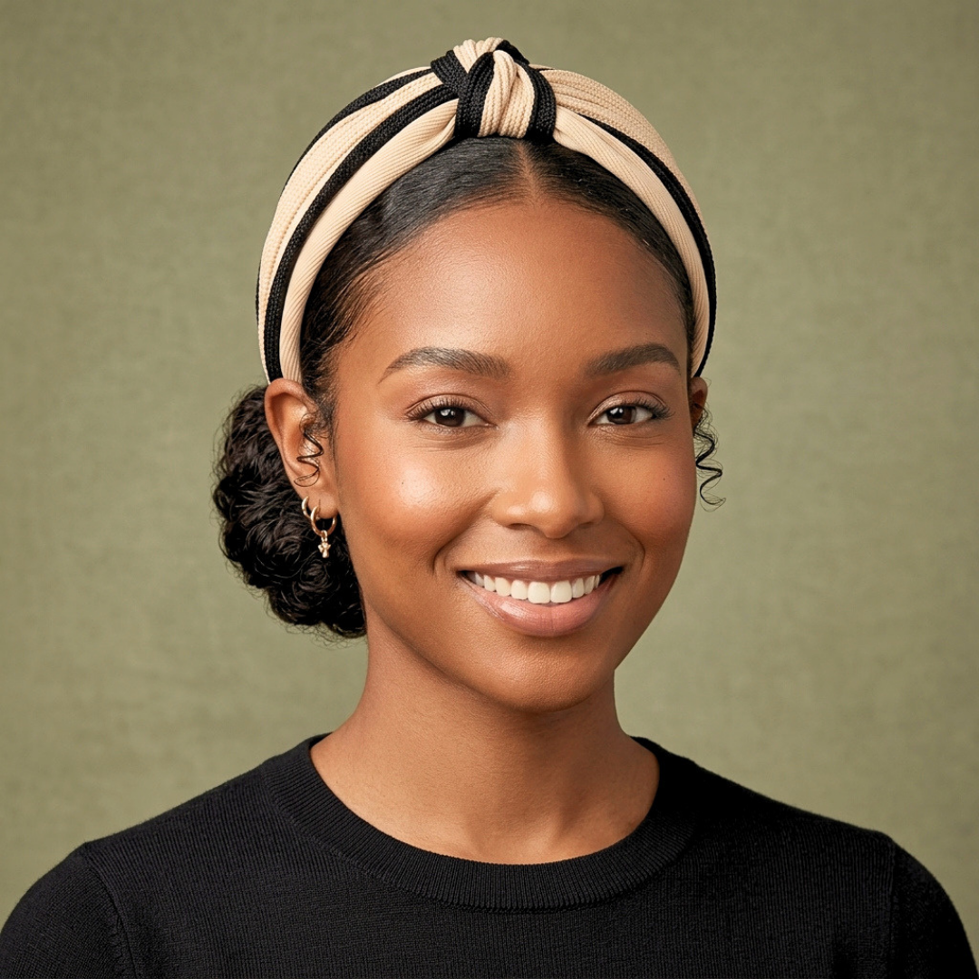 Smiling woman wearing a beige and black twisted knot headband with her hair in a low bun and black top.
