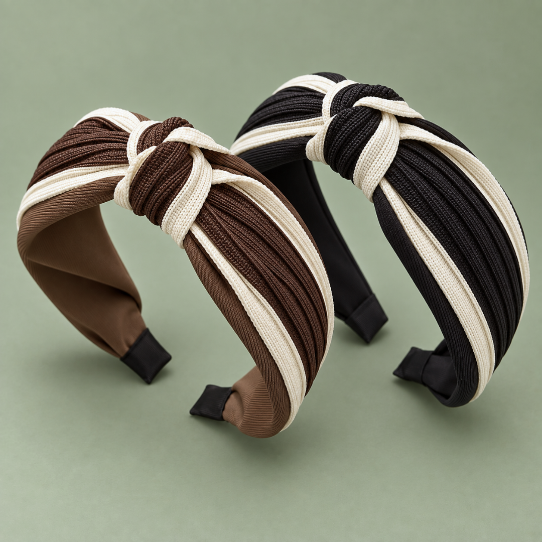 Brown and cream twisted knot headband beside black and cream twisted knot headband on a sage green background.