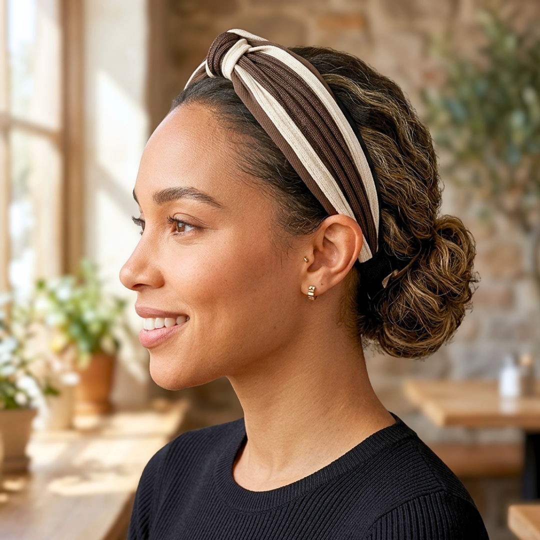 Smiling woman in profile wearing a brown and cream twisted knot headband with curly hair in a low bun.