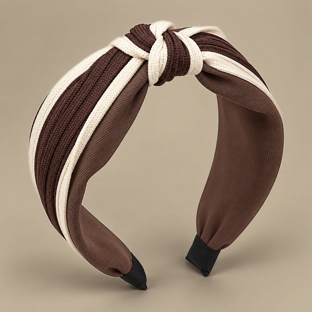 Brown and cream two-tone textured twisted knot headband, full front product view on a beige background.