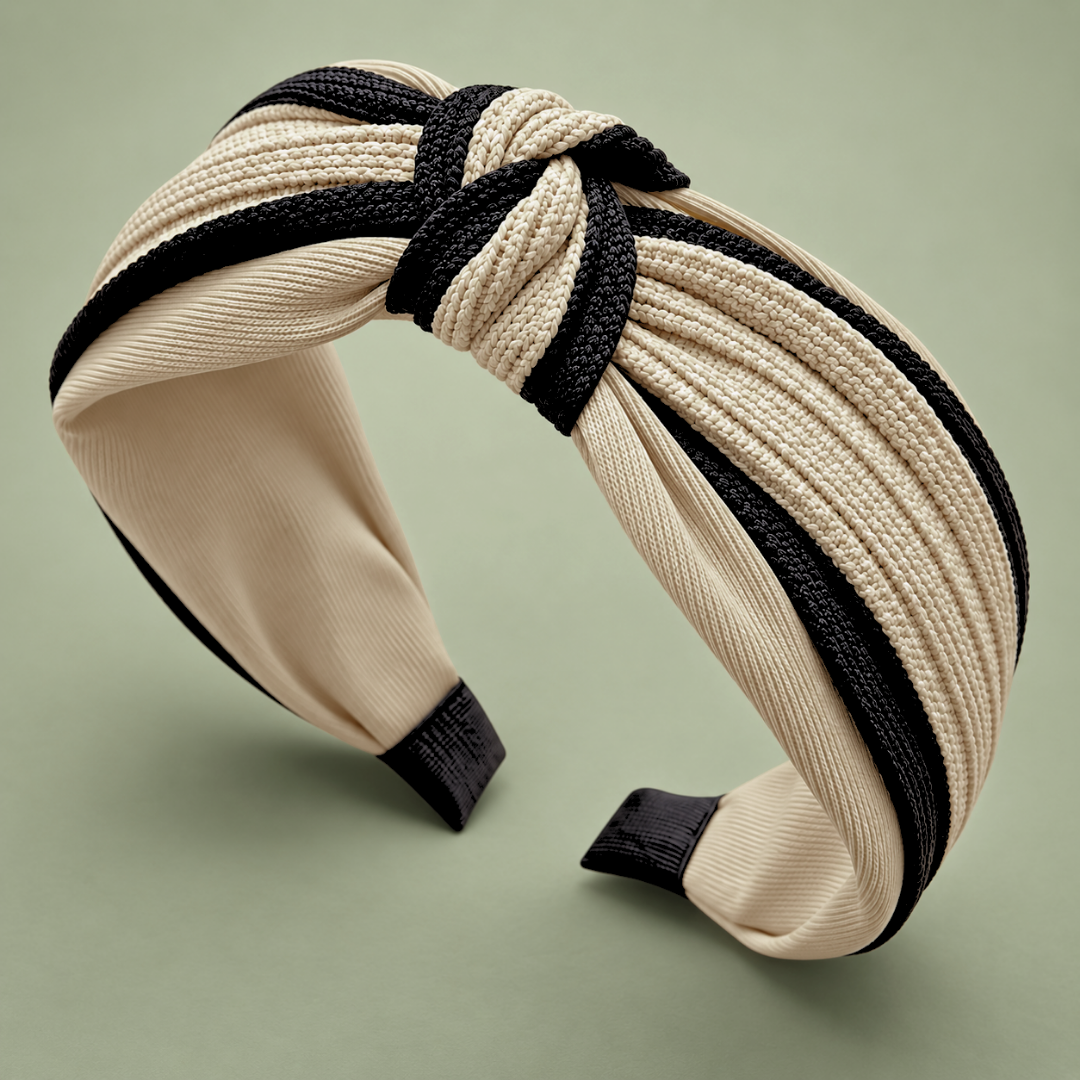 Beige and black two-tone textured twisted knot headband photographed at an angle against a sage green background.