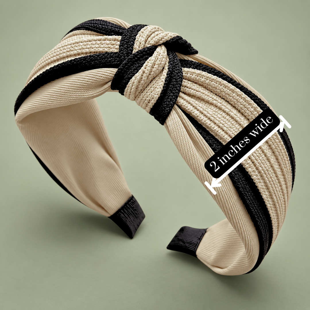 Beige and black twisted knot headband with an annotated arrow showing the band is 2 inches wide.