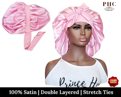 Pink Satin Tie Bonnet | Double Layered, Elastic Nape - PHC