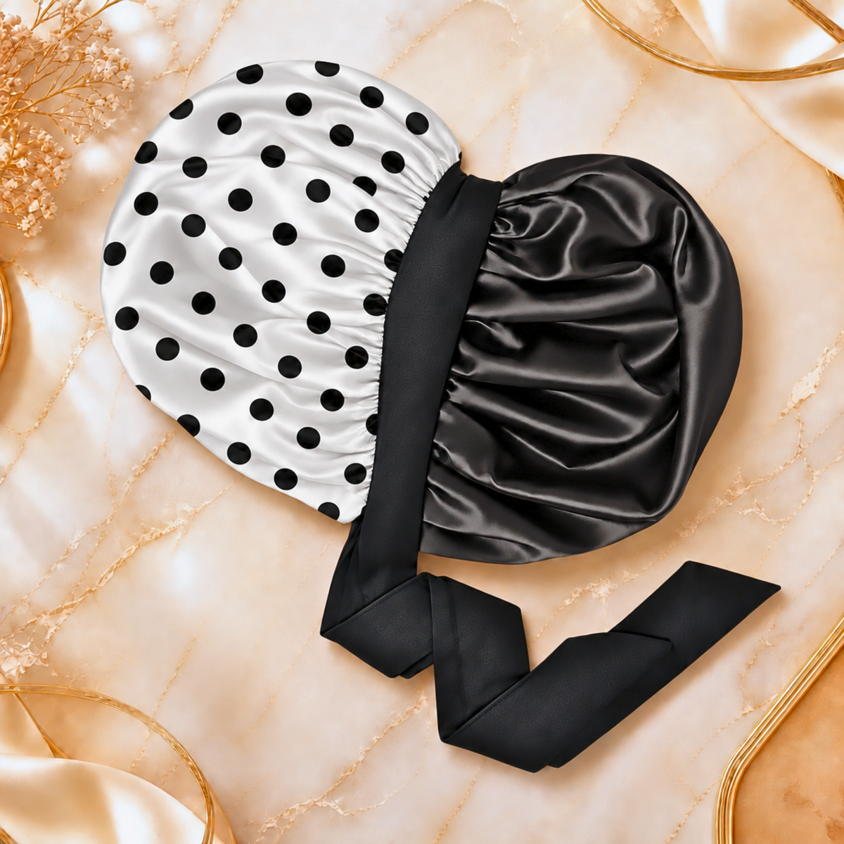 A satin bonnet with a black and white polka-dot pattern on one half and solid black satin on the other, tied with a long black ribbon, laid flat on a beige marble surface with decorative gold rings and dried flowers.