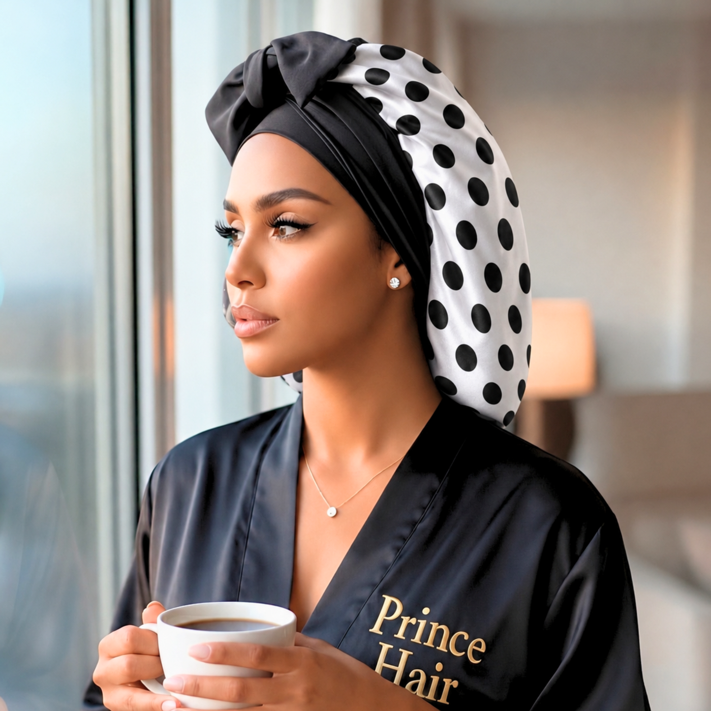 Polka Dot Original Stretch Tie satin bonnet by Prince Hair Company — adjustable, stays on all night for curls, braids & locs
