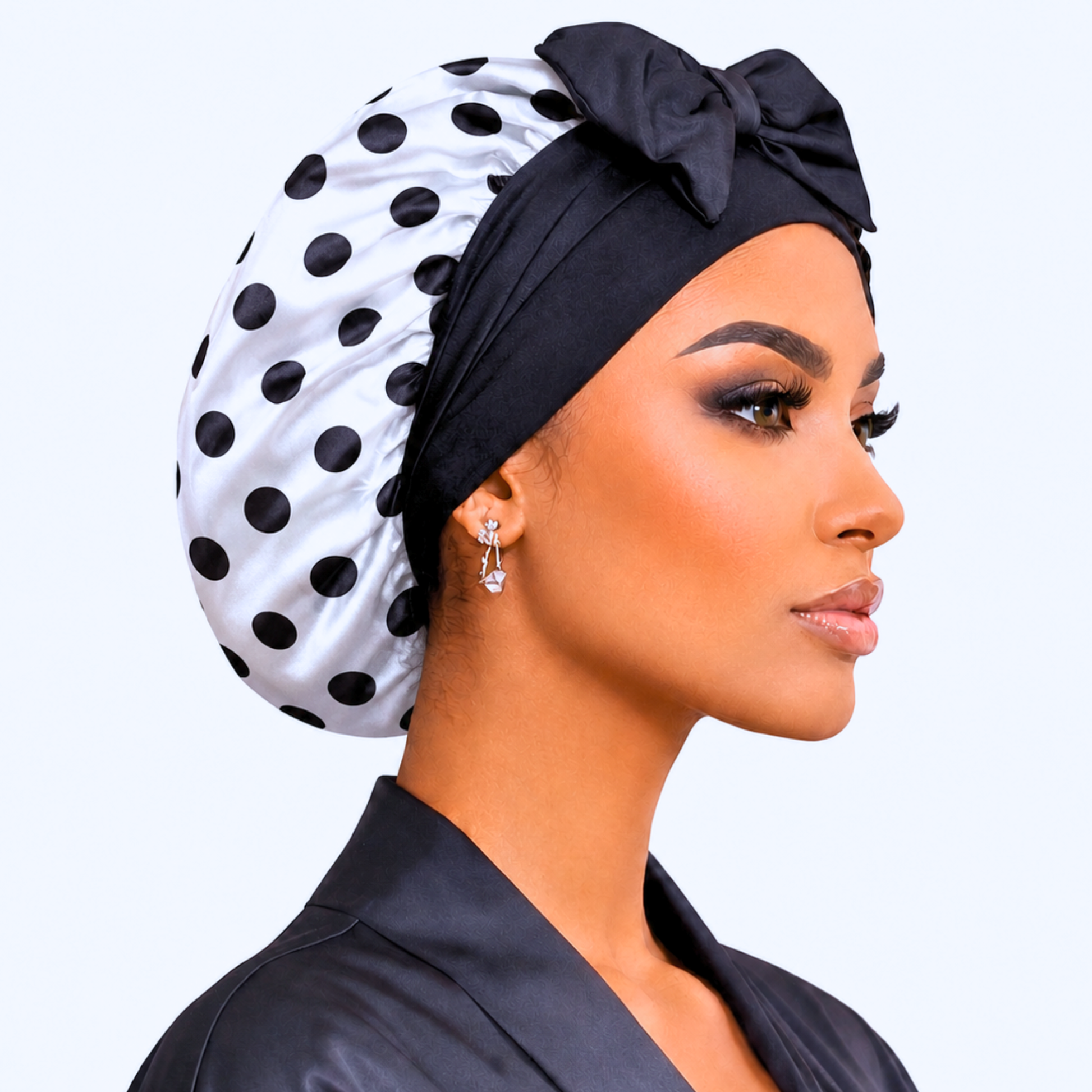 Polka Dot Original Stretch Tie satin bonnet by Prince Hair Company — adjustable, stays on all night for curls, braids & locs