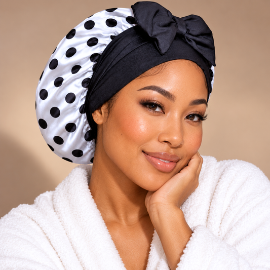 A woman wearing a black satin hair bow headwrap with white and black polka dots, paired with a white plush bathrobe against a warm beige background.